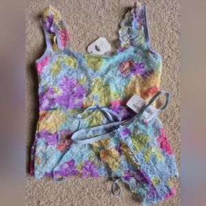 NWT Vintage Leigh Bantivoglio Light Blue Multicolor Lace Camisole Set Size S